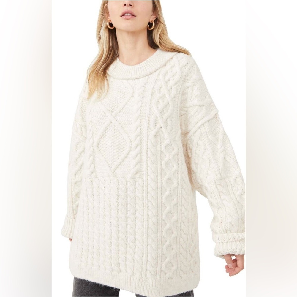 Free People Ivory Women's Leslie Cable Tunic Sweater top Size XS MSRP $168
